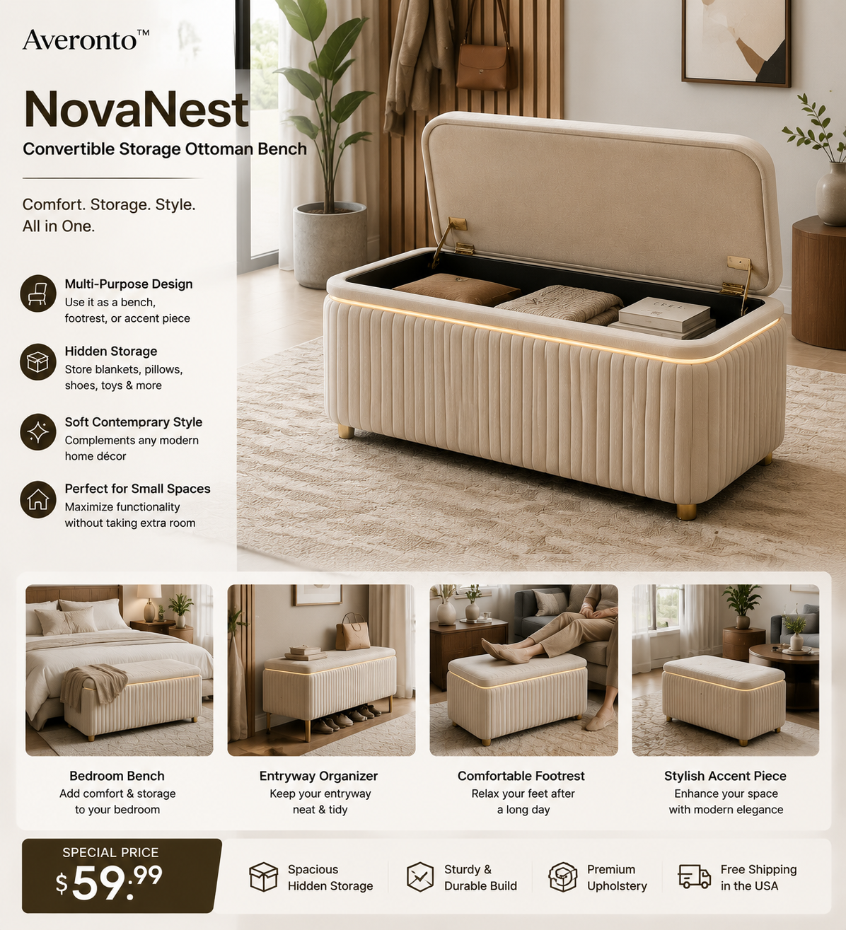 Averonto™ NovaNest Convertible Storage Ottoman Bench