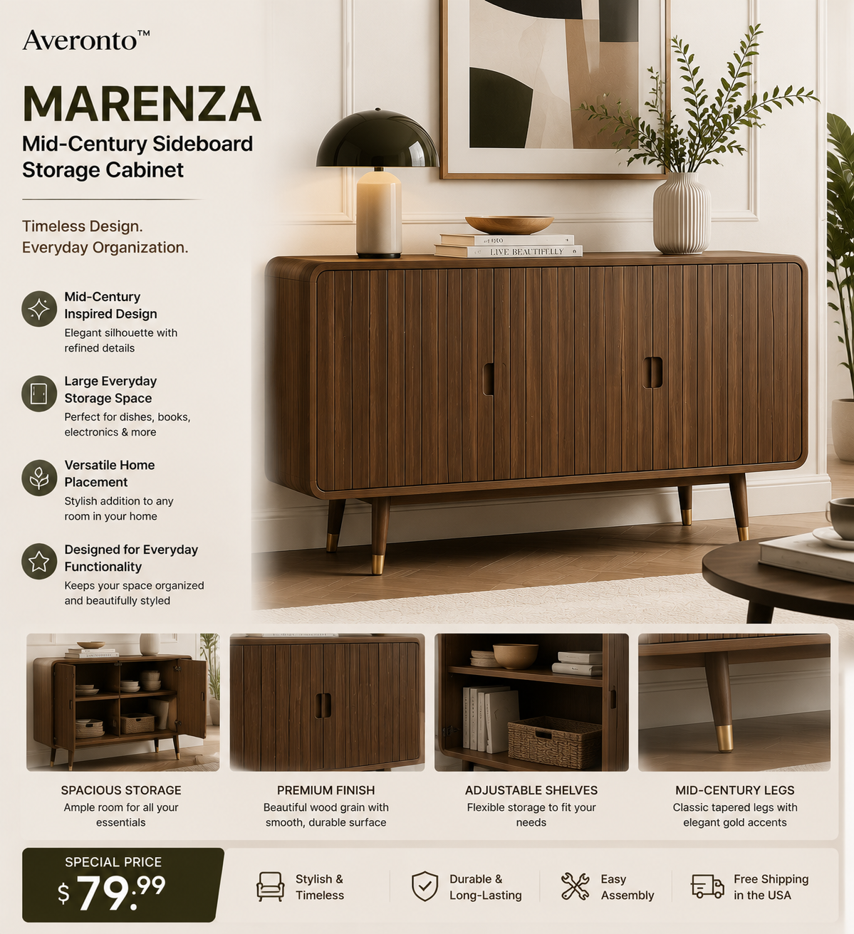 Averonto™ Marenza Mid-Century Sideboard Storage Cabinet