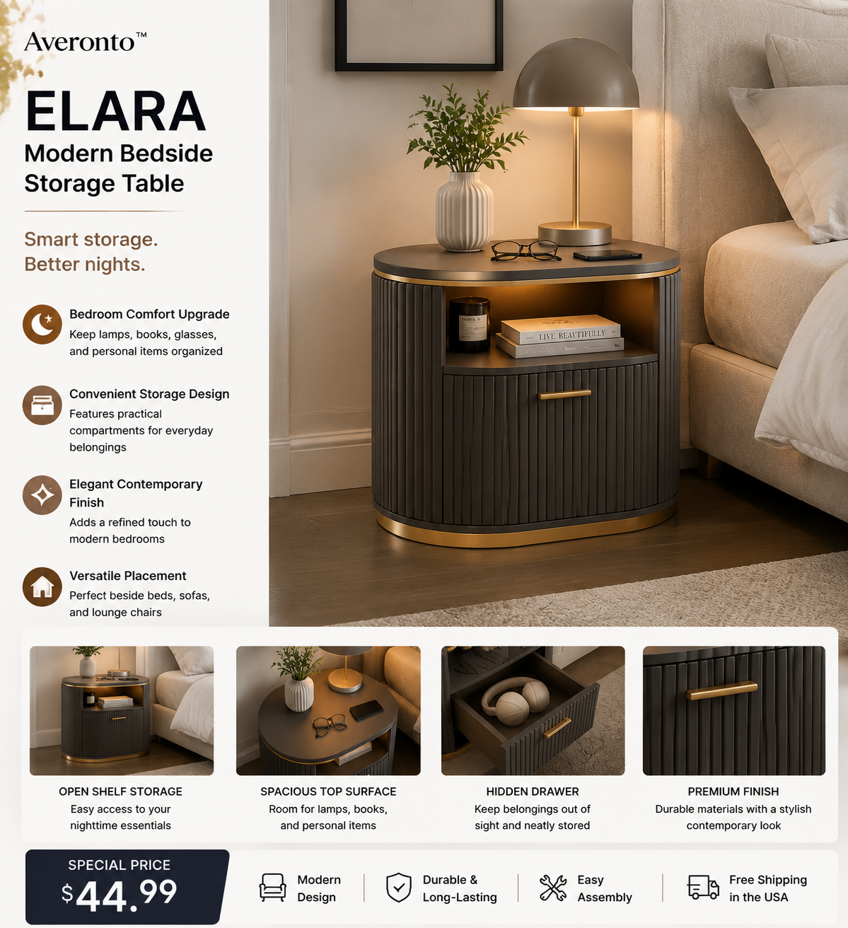 Averonto™ Elara Modern Bedside Storage Table